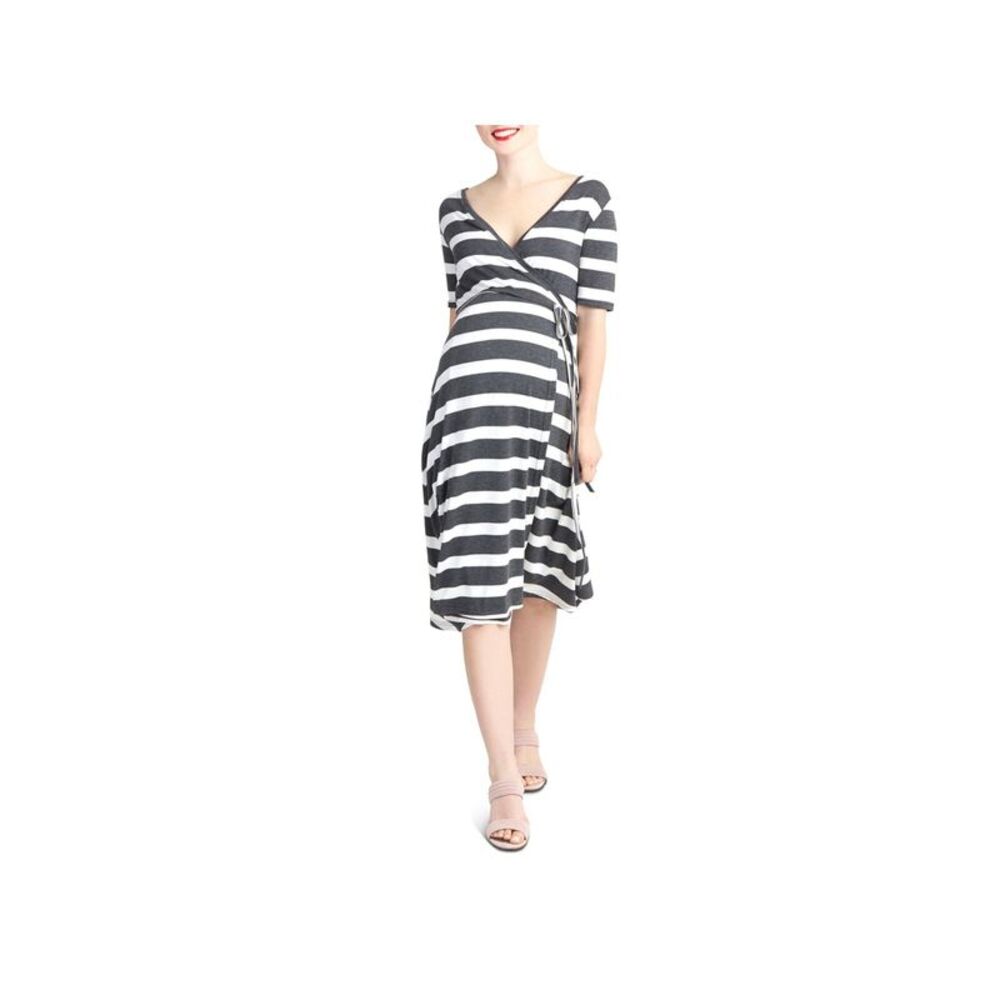 NOM Womens Gray Tie Elbow Sleeve Below The Knee Wrap Dress Maternity L